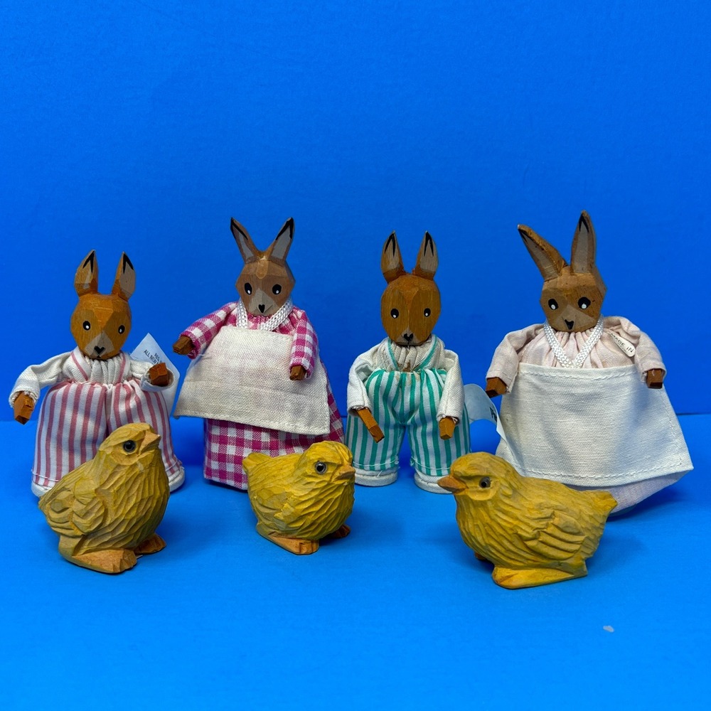 Wooden Bunny Rabbit and Chick Wood Figurine Set 7pc Multicolor Easter Decor